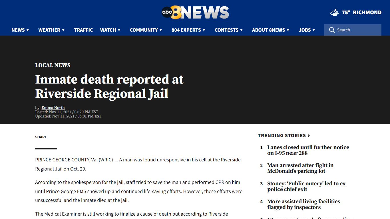 Inmate death reported at Riverside Regional Jail | 8News